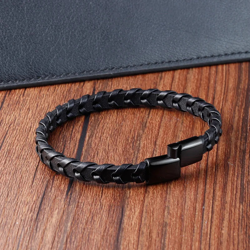 men's black braided leather bracelet with stainless steel clasp