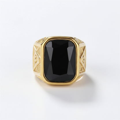 Black onyx signet ring gold stainless steel men statement ring
