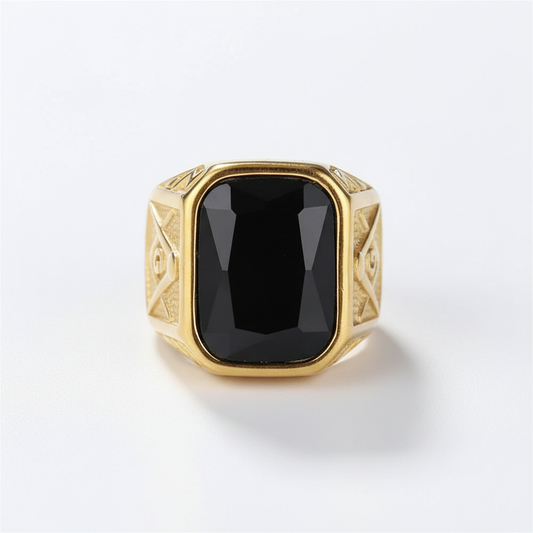 Black onyx signet ring gold stainless steel men statement ring