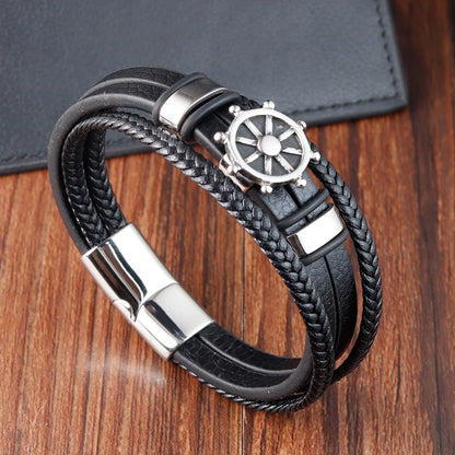 black leather bracelet with sailing ship wheel design for men