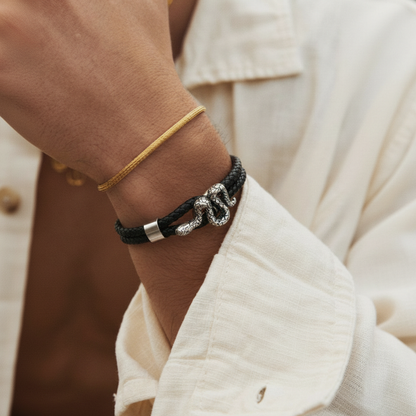 men's snake bracelet with magnetic clasp braided leather design on wrist