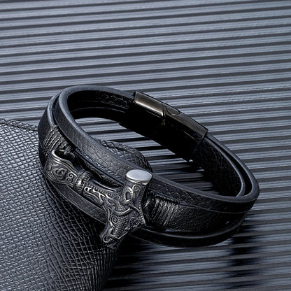 viking thor hammer pendant bracelet with braided leather band