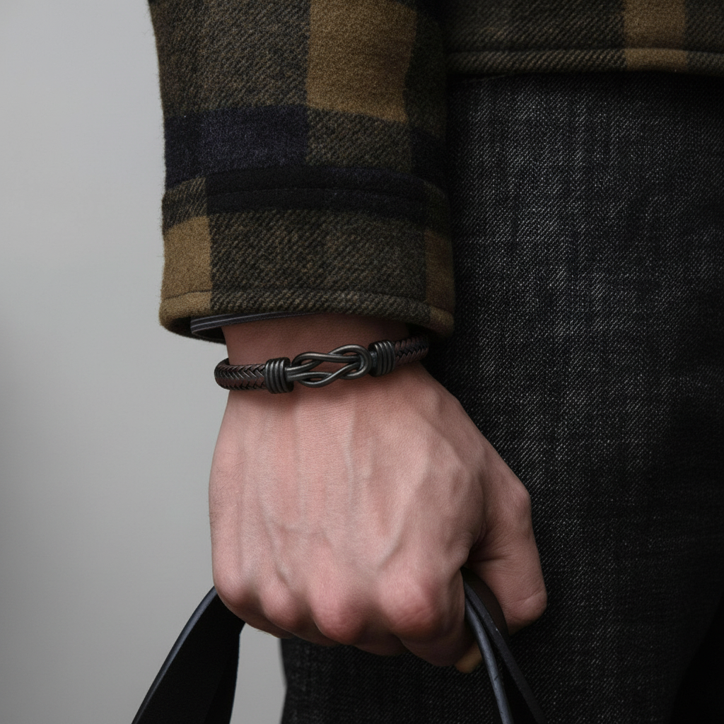 braided leather infinity bracelet for men minimalist style on wrist