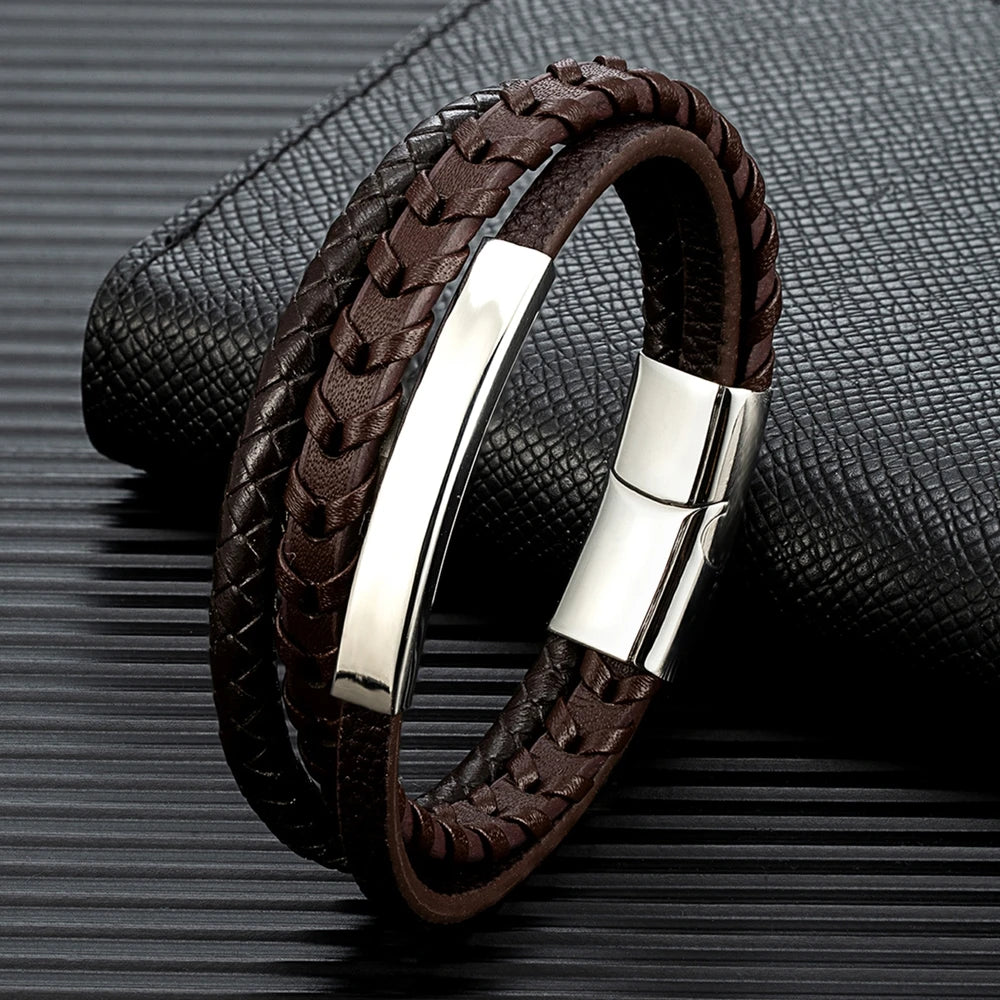 men's brown braided leather bracelet with stainless steel clasp