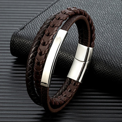 men's brown braided leather bracelet with stainless steel clasp