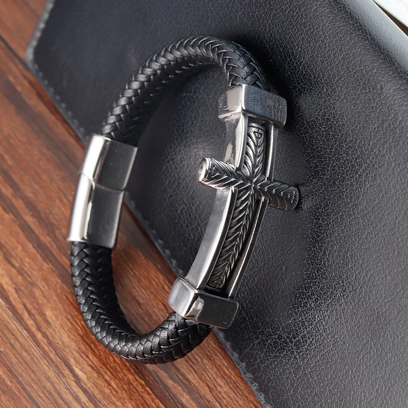 braided leather bracelet with engraved cross design for men