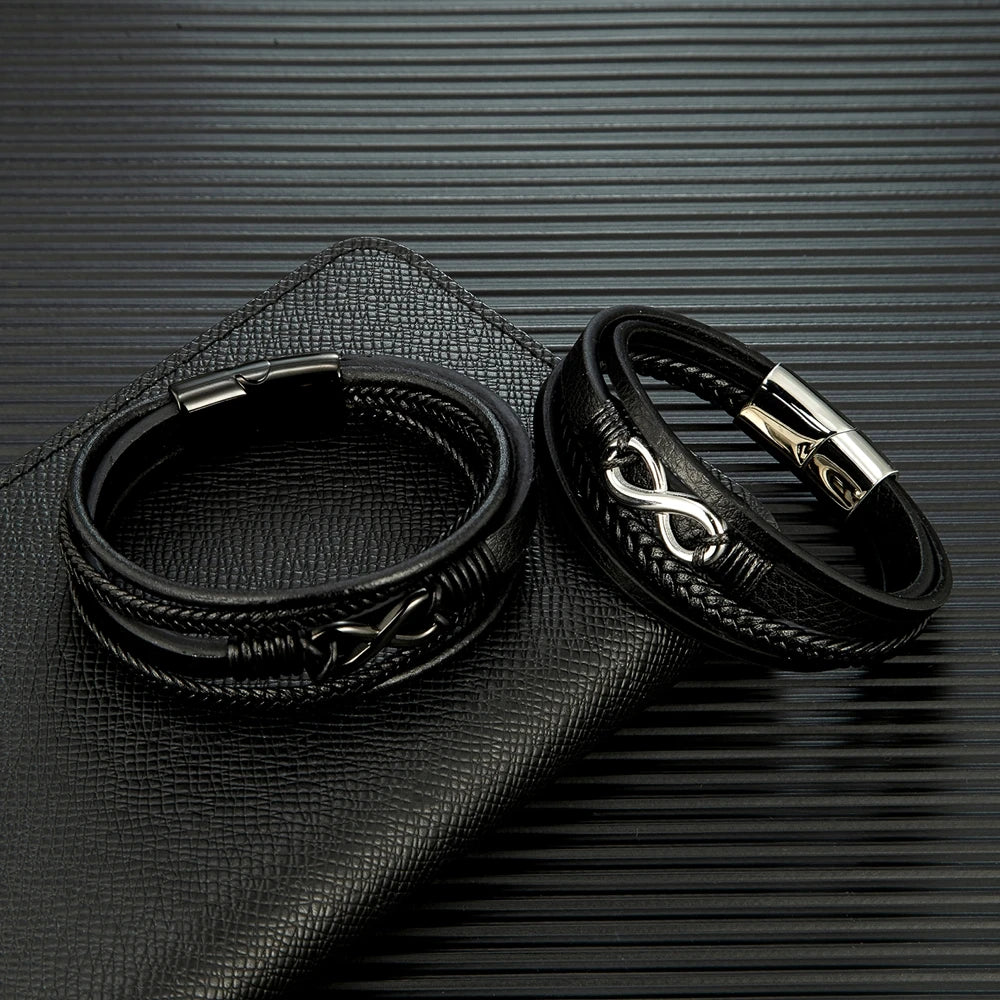 two braided black leather infinity bracelet for men with stainless clasp