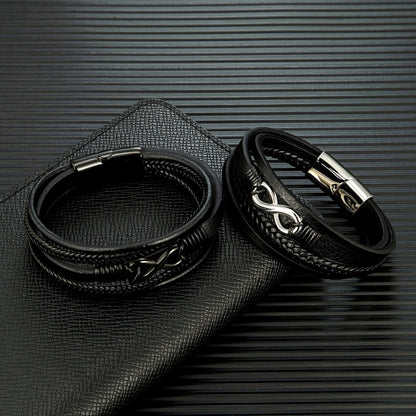 two braided black leather infinity bracelet for men with stainless clasp