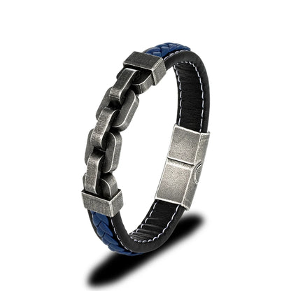 black and blue braided leather bracelet with brushed stainless steel link