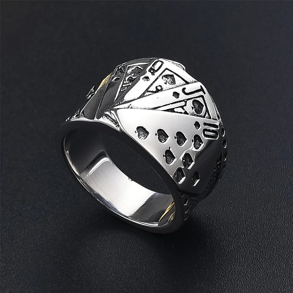 Casino gambler ring stainless steel royal flush design