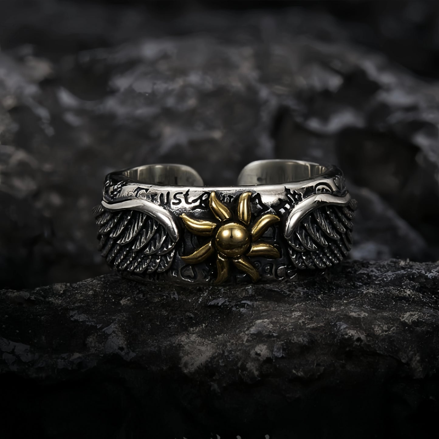 Celestial wing ring stainless steel adjustable sun symbol jewelry