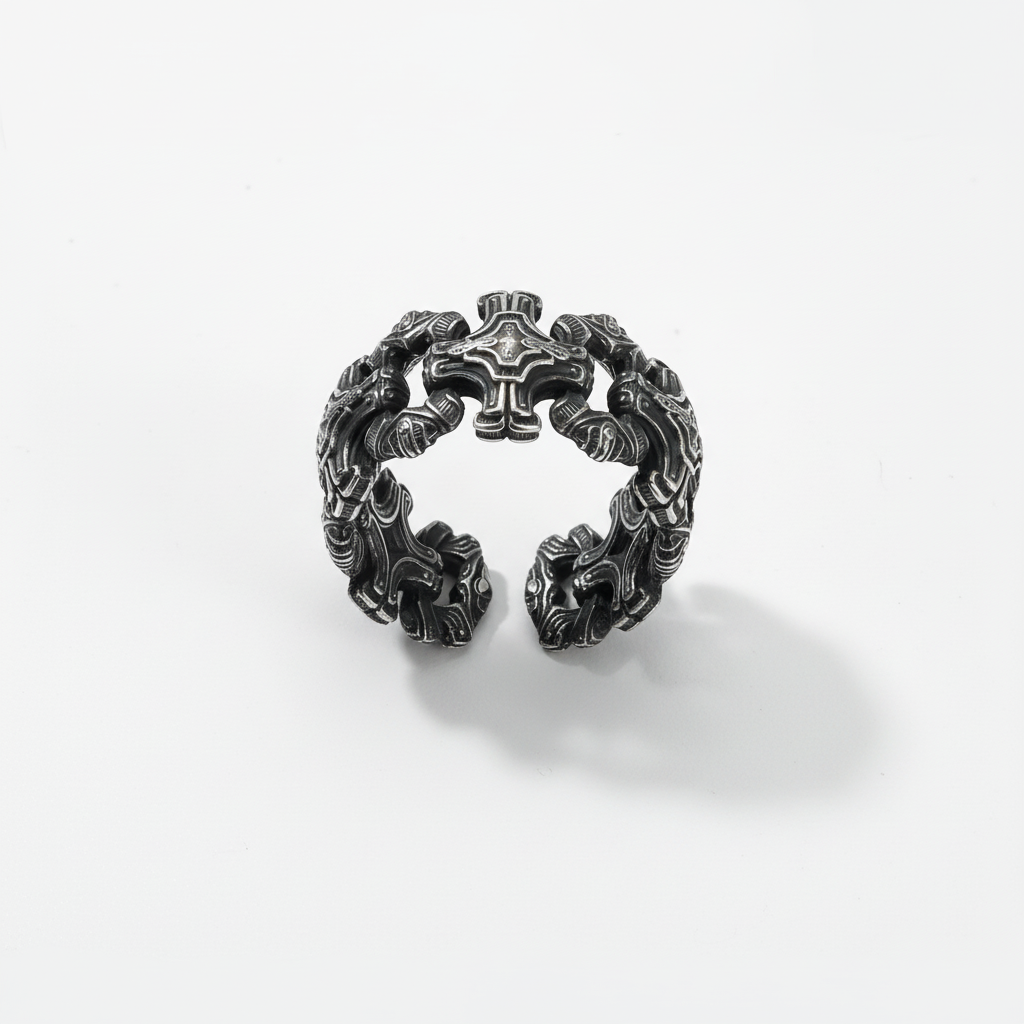 Chained cross gothic ring adjustable stainless steel biker ring