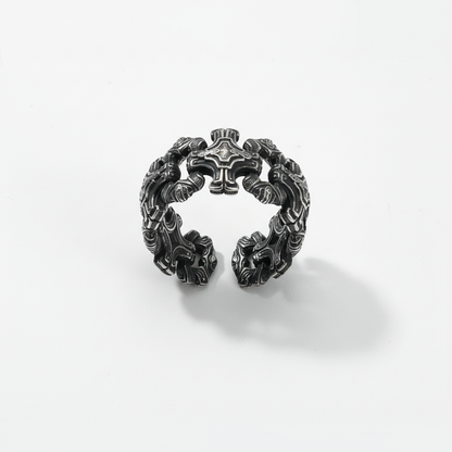 Chained cross gothic ring adjustable stainless steel biker ring