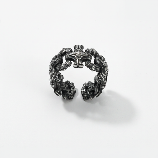 Chained cross gothic ring adjustable stainless steel biker ring