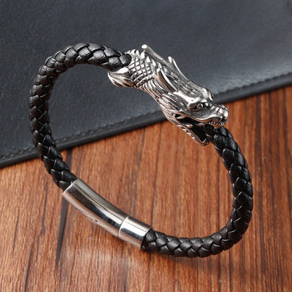 men's chinese dragon bracelet braided leather stainless steel