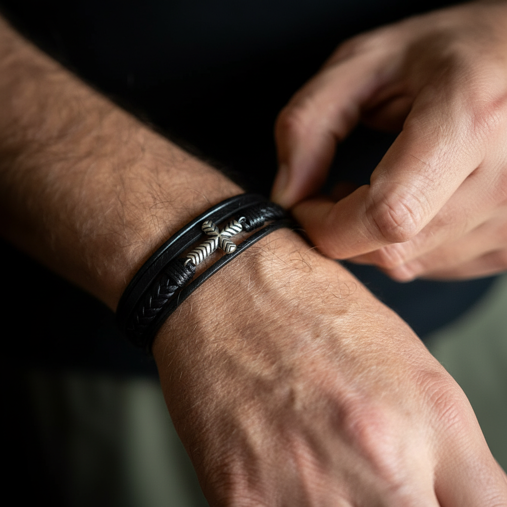 men's christian bracelet with cross black leather braided style
