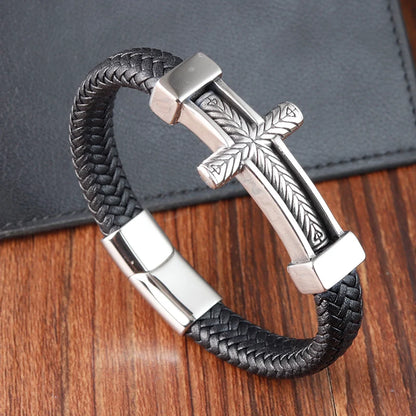 men's christian cross bracelet braided leather with steel clasp