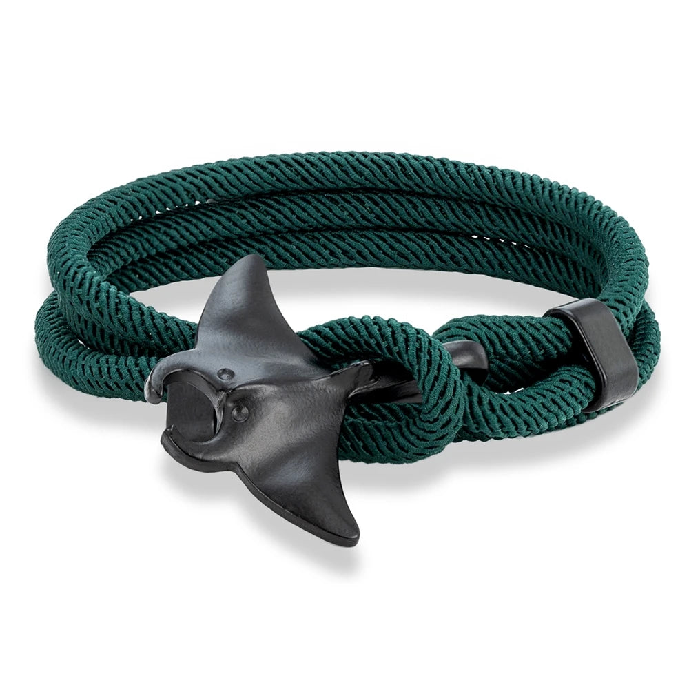 coastal style black manta ray bracelet with braided green cord