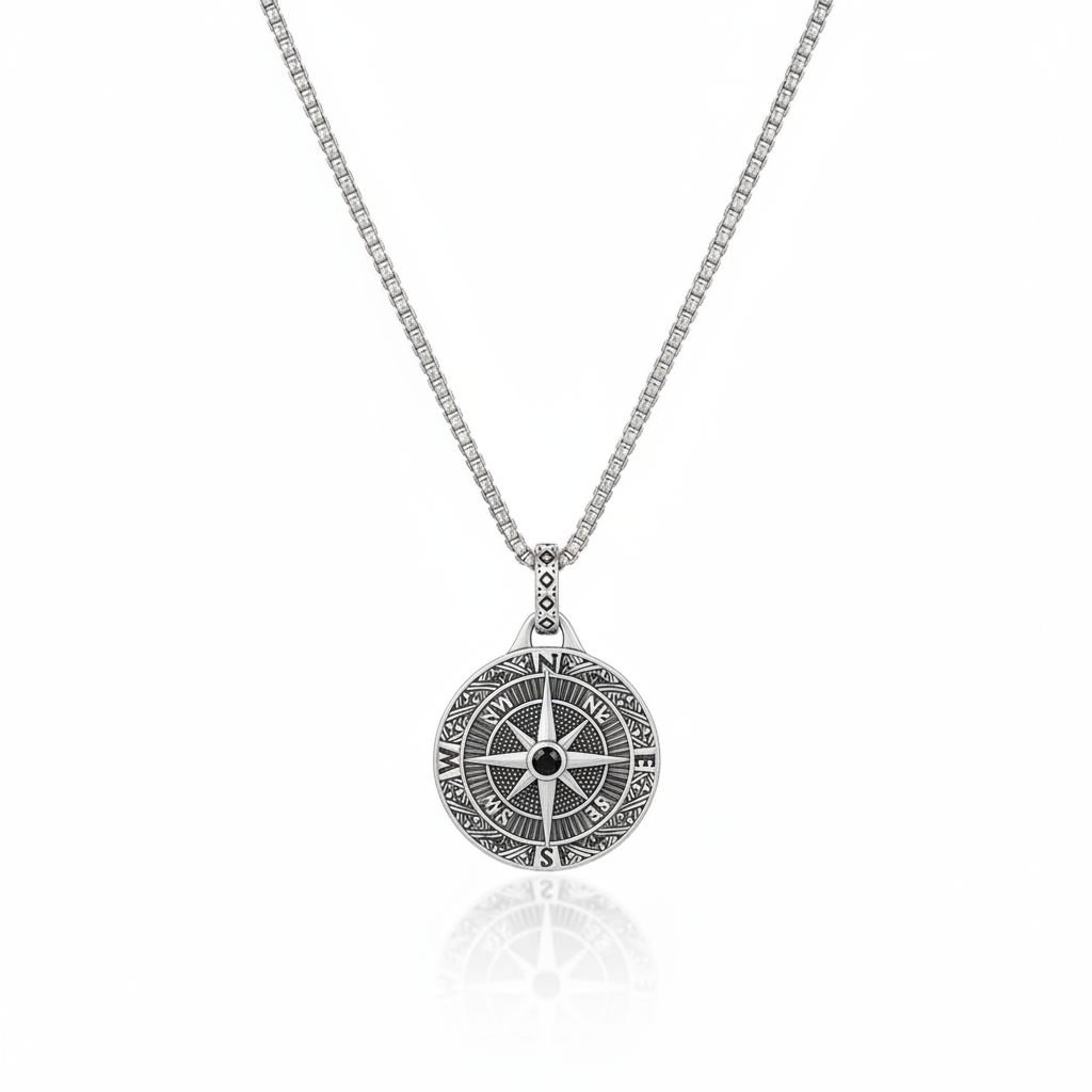 Compass pendant necklace made from stainless steel with vintage finish