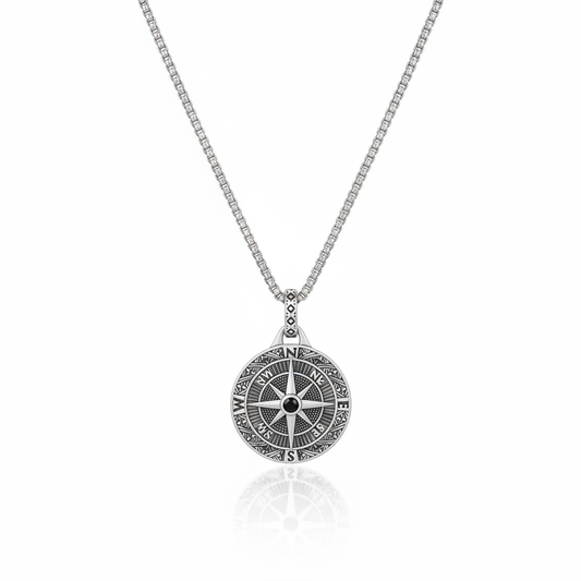 Compass pendant necklace made from stainless steel with vintage finish