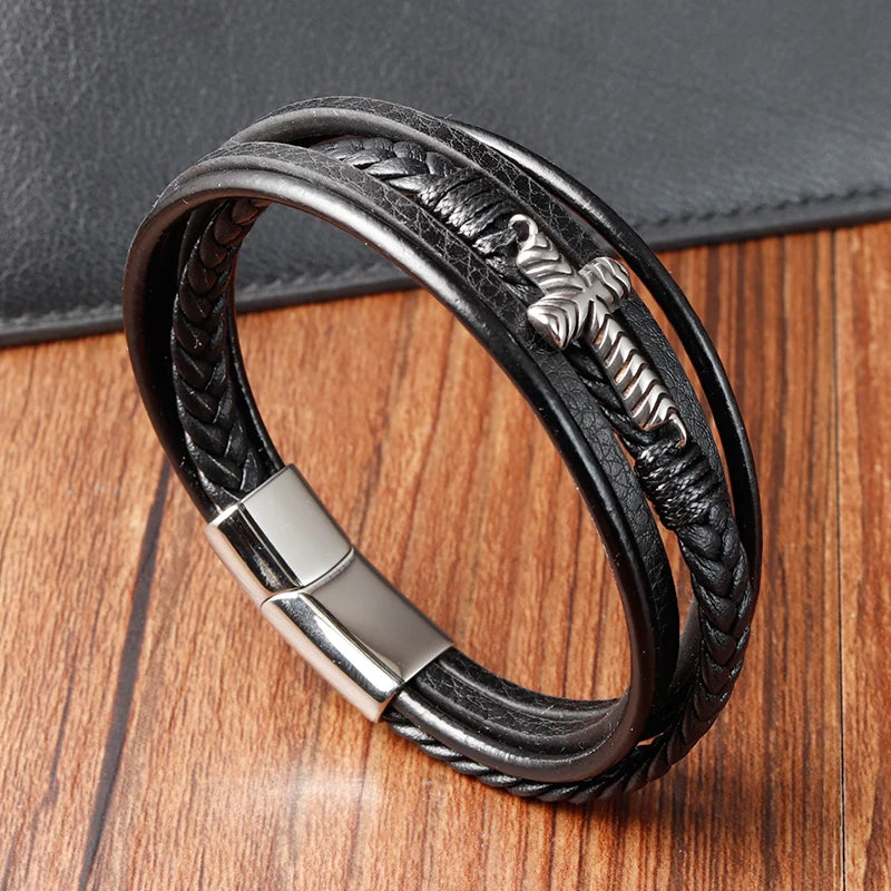 black leather bracelet with cross charm for men stainless steel