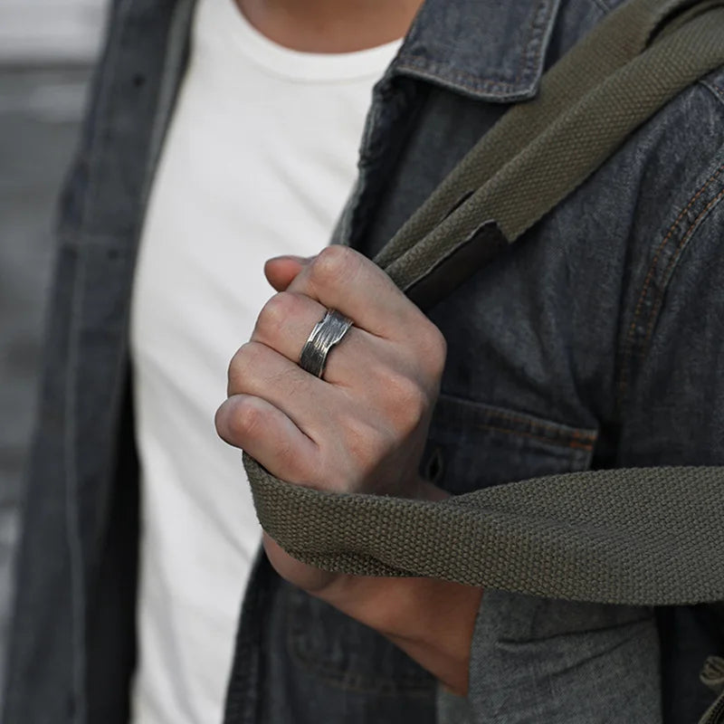 Distressed textured stainless steel ring for men vintage style