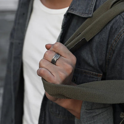 Distressed textured stainless steel ring for men vintage style