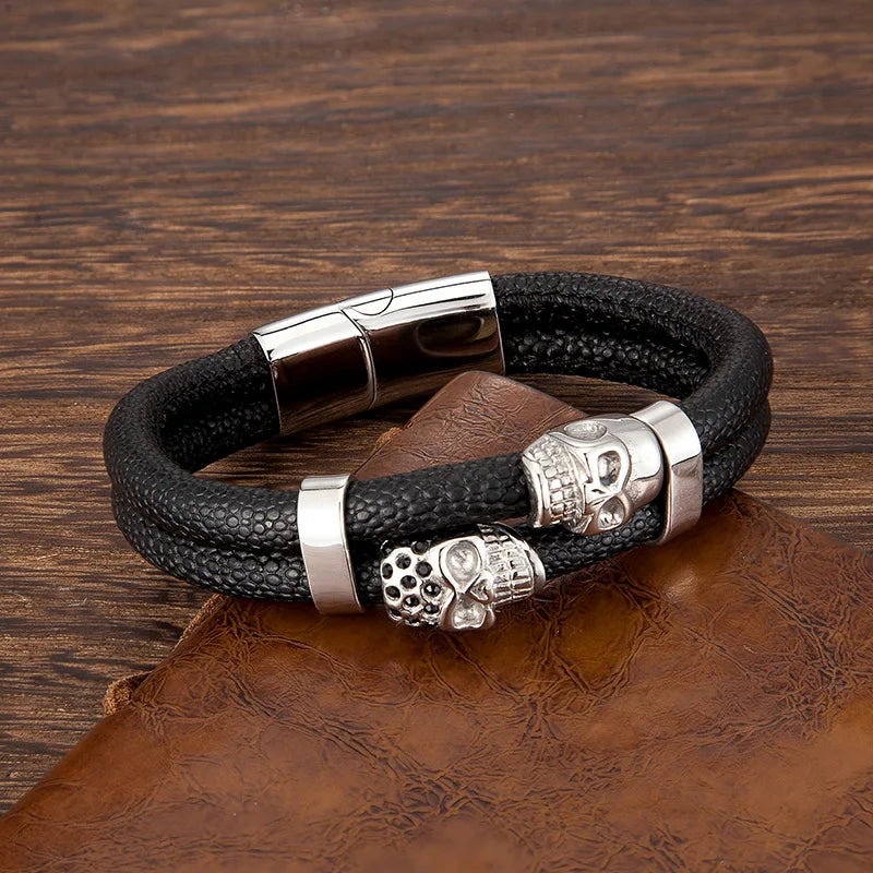 biker style double silver skull leather bracelet for men