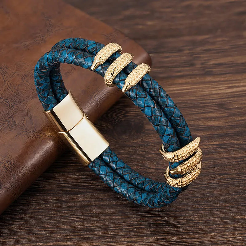 gothic dragon claw blue braided leather bracelet for men with gold metal clasp
