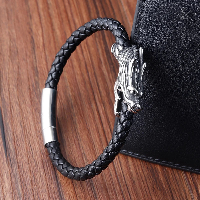 men's bracelet with dragon head clasp black leather design