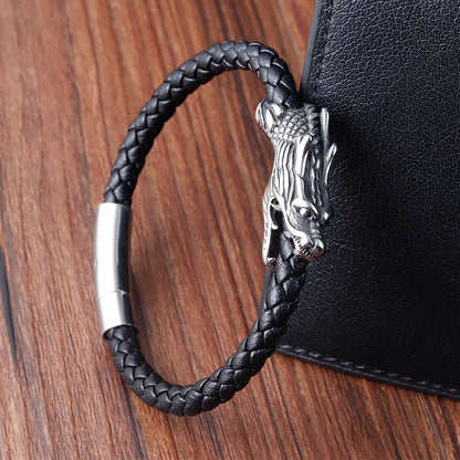 men's bracelet with dragon head clasp black leather design
