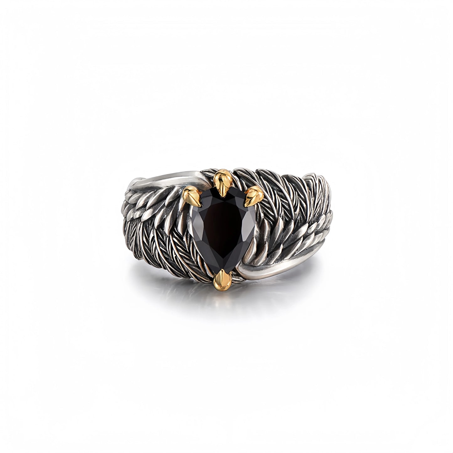 Eagle wing black zircon ring adjustable stainless steel statement ring