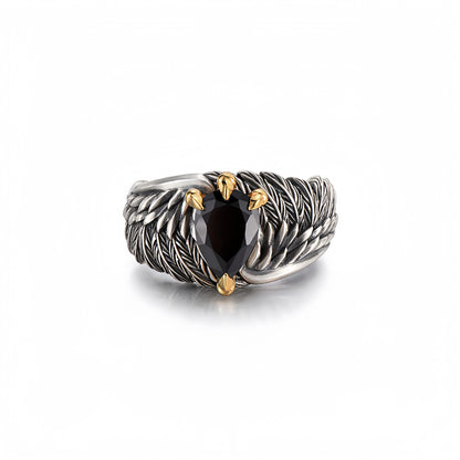 Eagle wing black zircon ring adjustable stainless steel statement ring