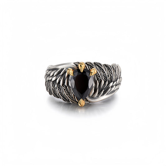 Eagle wing black zircon ring adjustable stainless steel statement ring