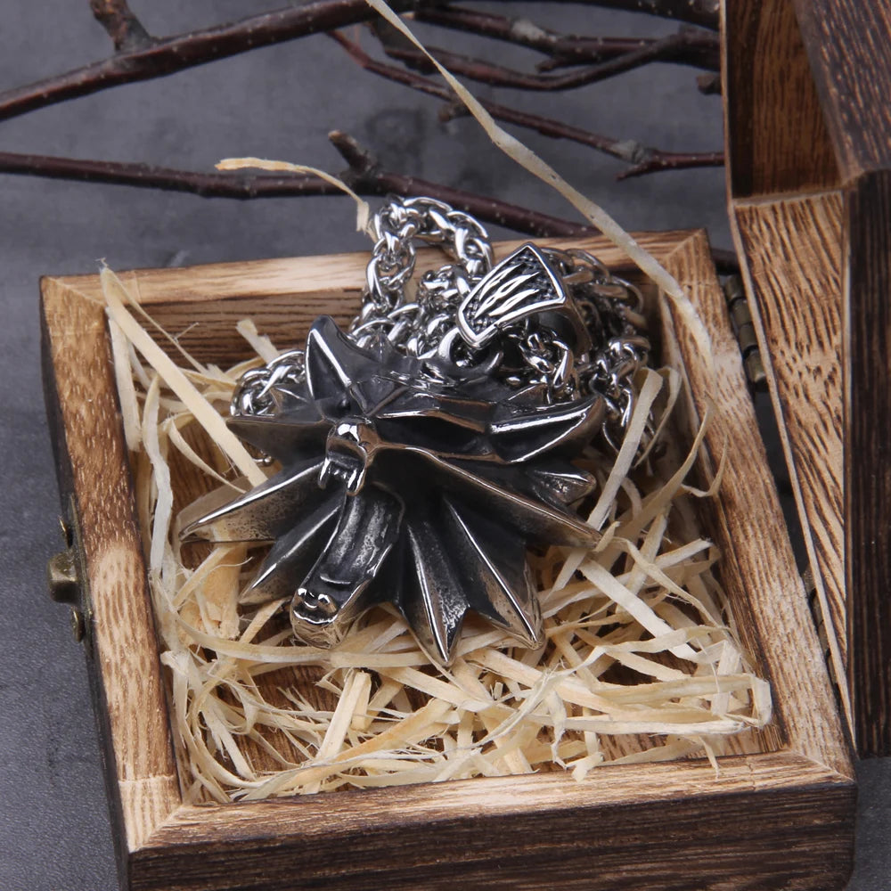 Fantasy wolf head pendant necklace on stainless steel chain