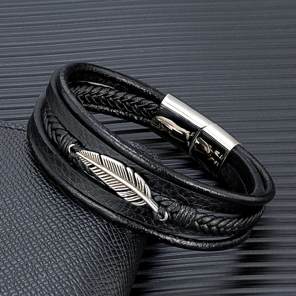 men's feather charm leather bracelet with braided black leather
