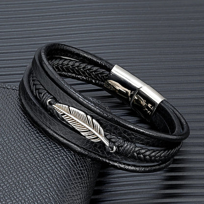 men's feather charm leather bracelet with braided black leather