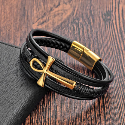 black leather bracelet with gold ankh cross symbol for men