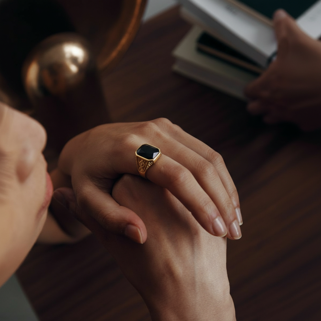 Gold black onyx ring stainless steel men classic signet ring