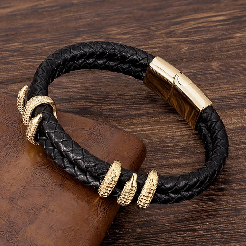 biker style gold dragon claw bracelet with braided leather band
