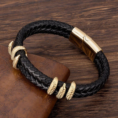 biker style gold dragon claw bracelet with braided leather band