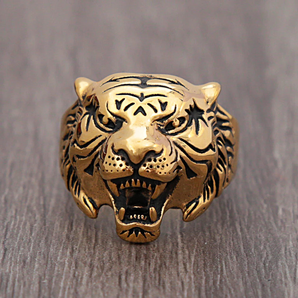 Roaring tiger head ring stainless steel vintage gold design
