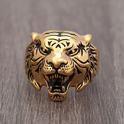 Roaring tiger head ring stainless steel vintage gold design