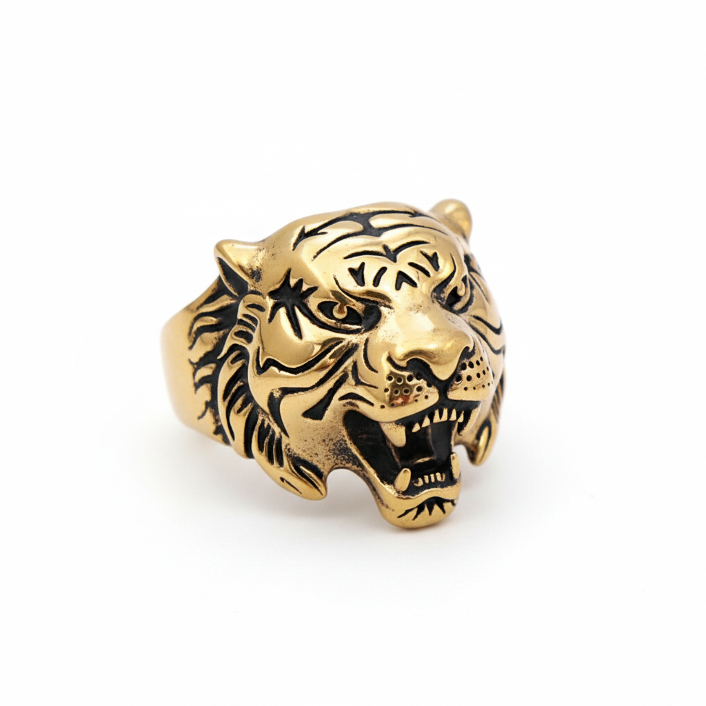 gold tiger head ring stainless steel men animal statement ring