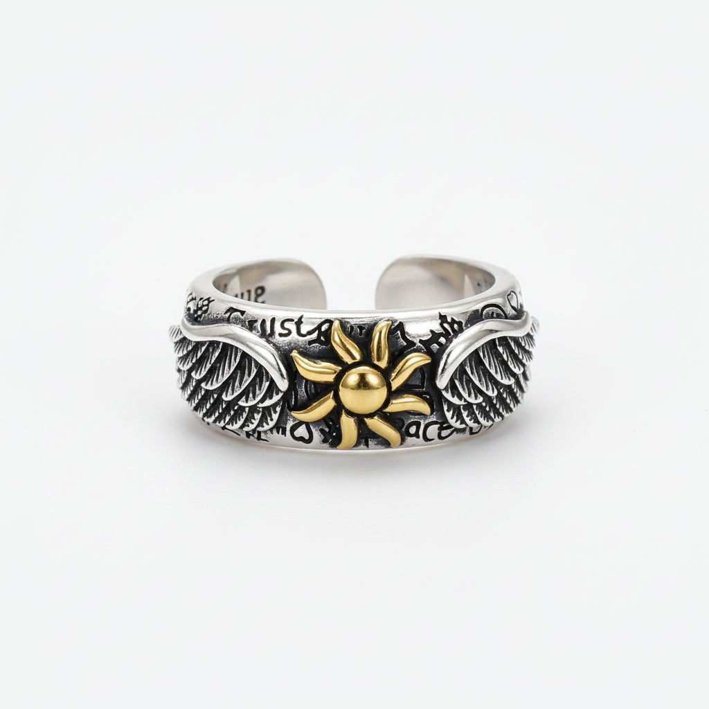 Golden sun wing ring adjustable stainless steel celestial ring