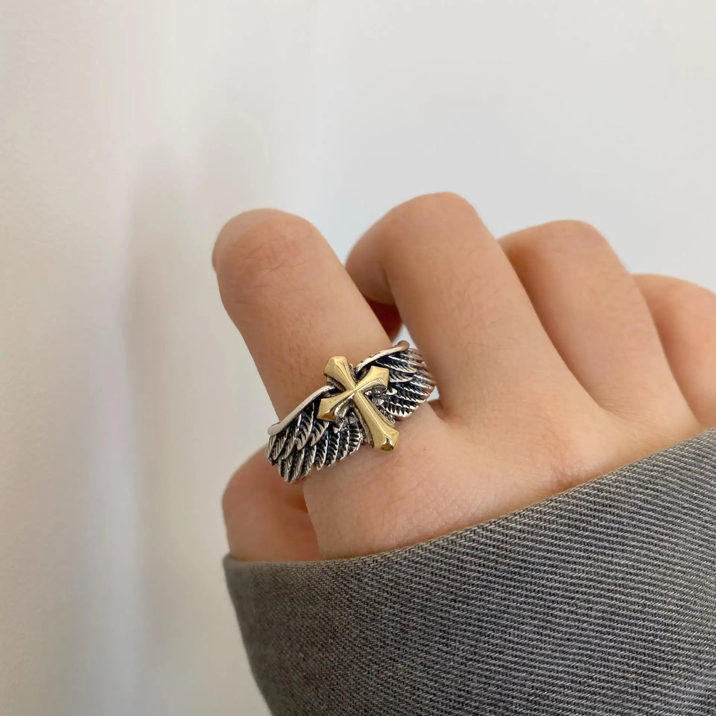 Gothic winged cross ring stainless steel men’s ring
