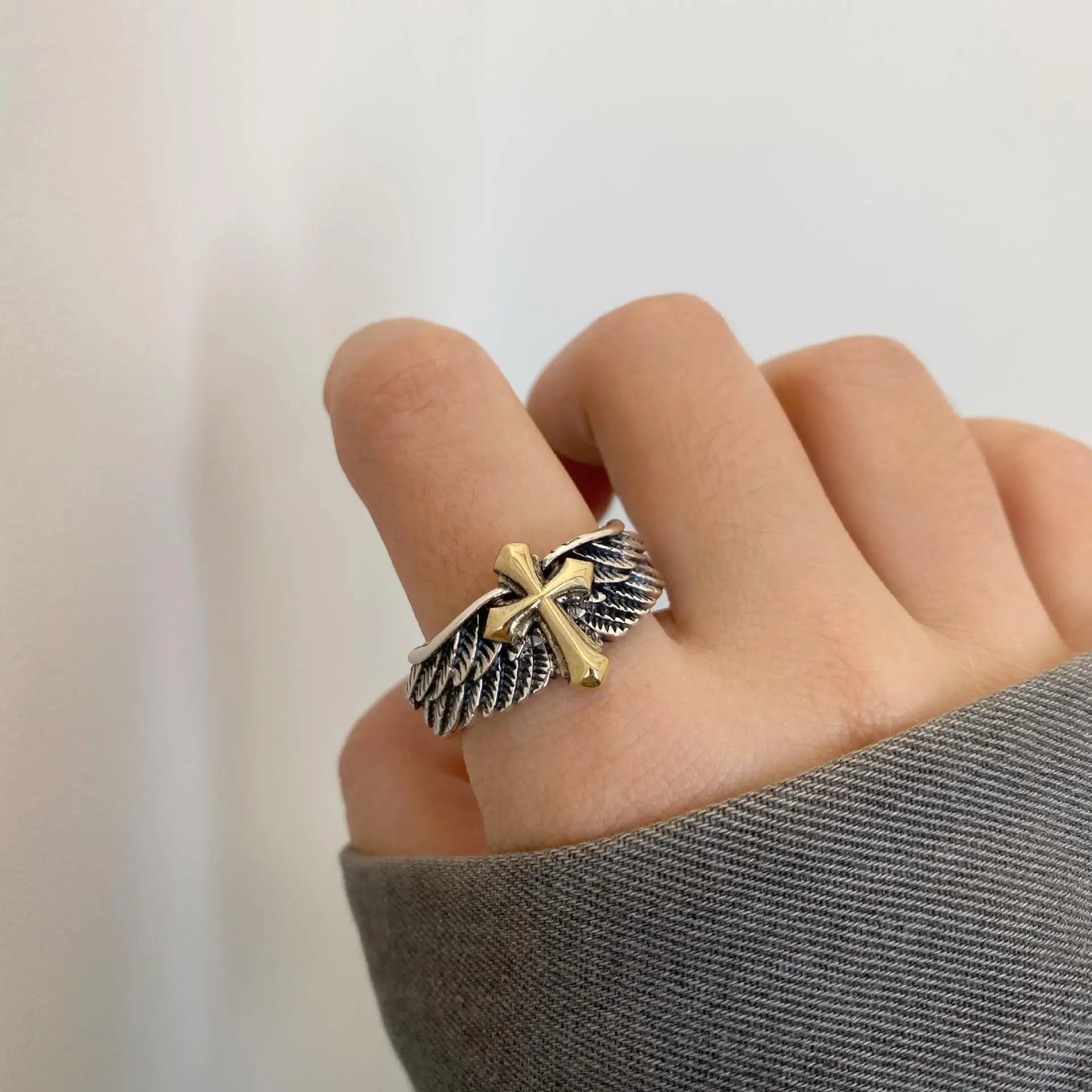 Gothic winged cross ring stainless steel men’s ring