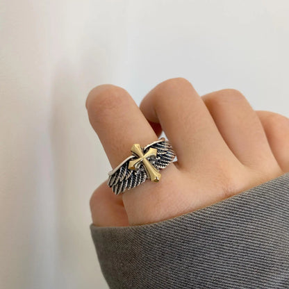 Gothic winged cross ring stainless steel men’s ring
