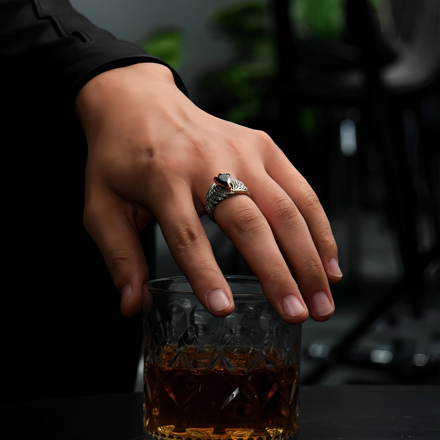 Gothic eagle wing ring stainless steel black zircon centerpiece