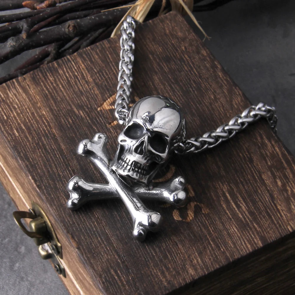 Close up of stainless steel skull pendant necklace